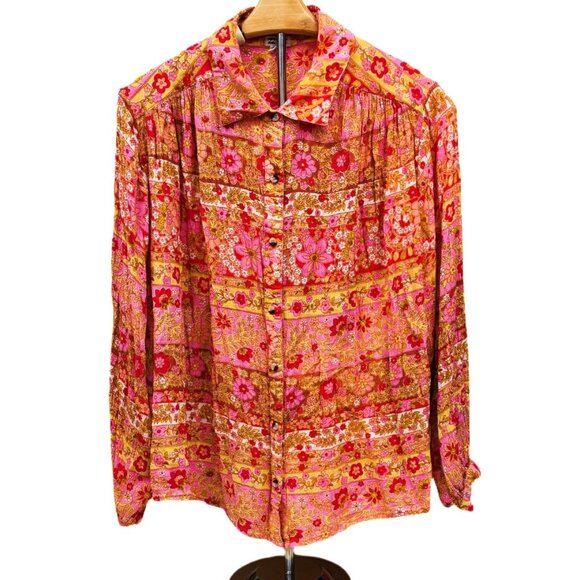 Billabong Womens Colorful Long Sleeve Button Down Floral Blouse Boho Peasant MED - Picture 1 of 10